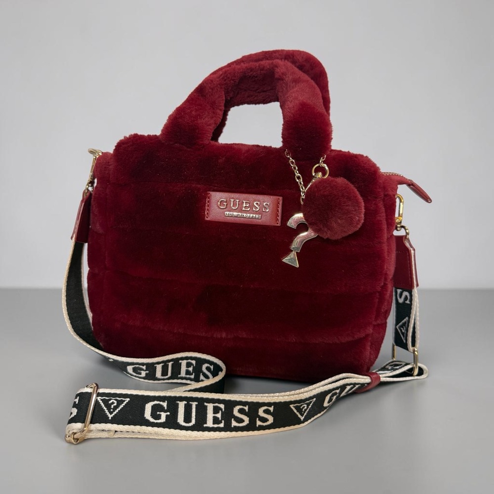 GUESS Burgundy Faux Fur Satchel Crossbody Bag Logo Strap Pom Charm